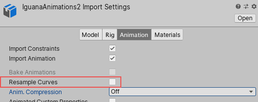 Animation 选项卡上的 Resample Curves 选项