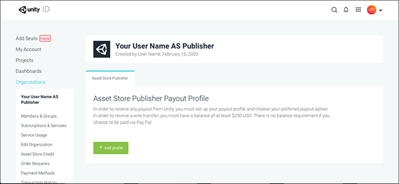 如果您尚未设置付款资料,则您的 Unity ID AS Publisher 页面将显示 Add profile 按钮